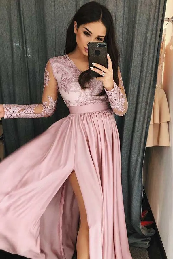 A-Line V-Neck Long Sleeves Blush Satin Prom Dress with Appliques Split  PG699