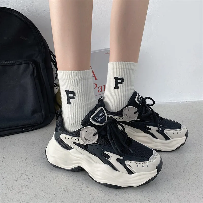 Advbridge Women Chunky Sneakers Running Shoes Platform Lace Up Women's Sports Shoes Black Thick Sole Casual Sneakers Tennis Female 40