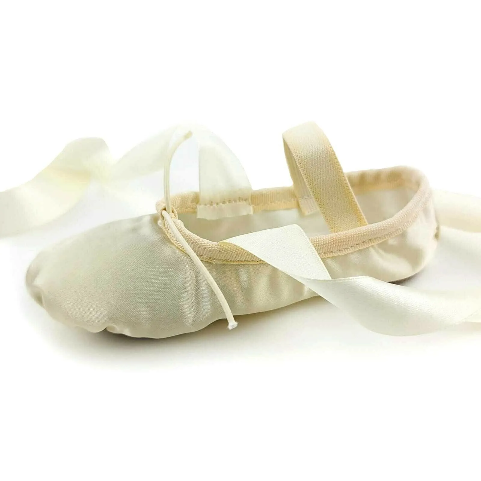 Ballet Shoes for girls with Ribbons, Off white Silky Satin with Leather Split Sole