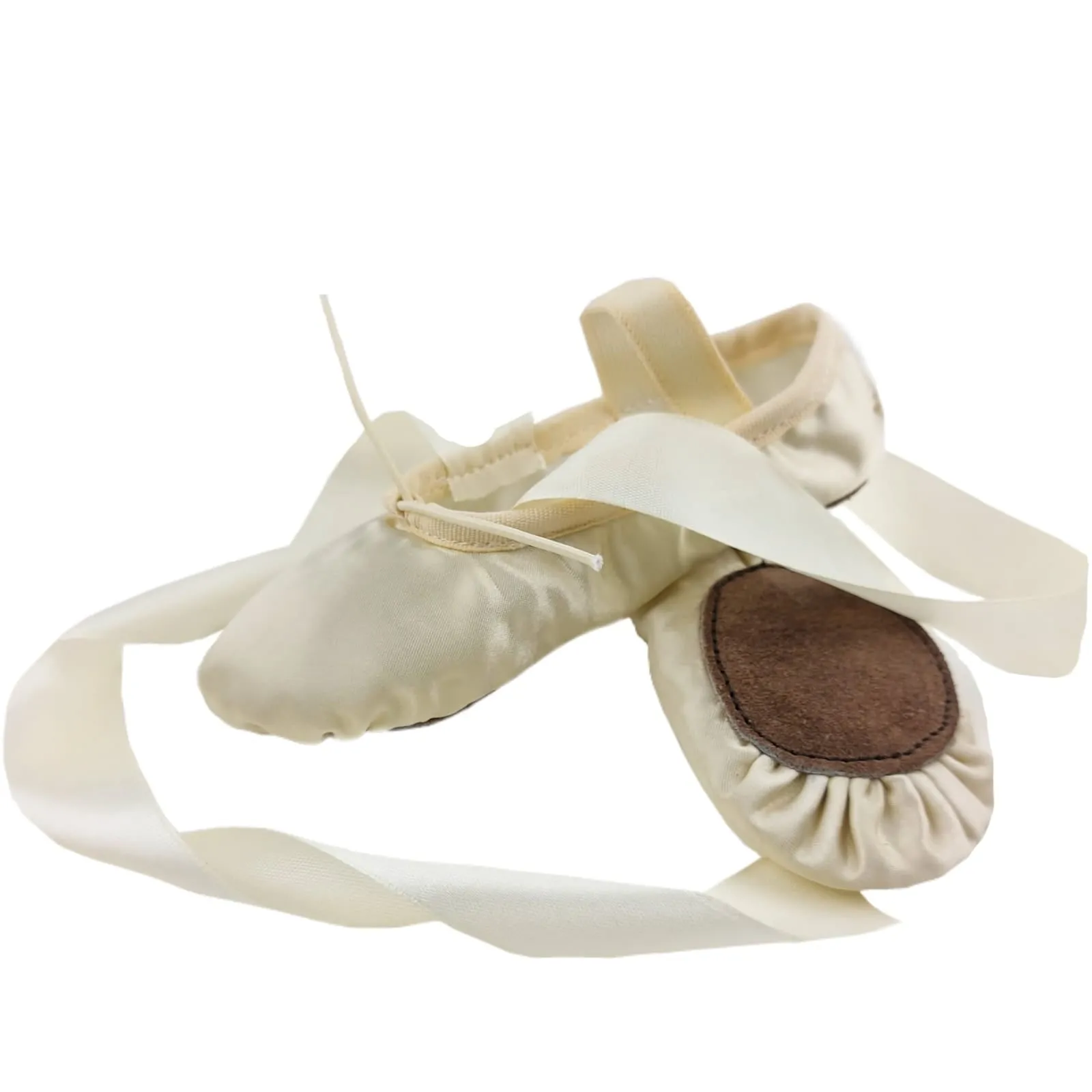 Ballet Shoes for girls with Ribbons, Off white Silky Satin with Leather Split Sole