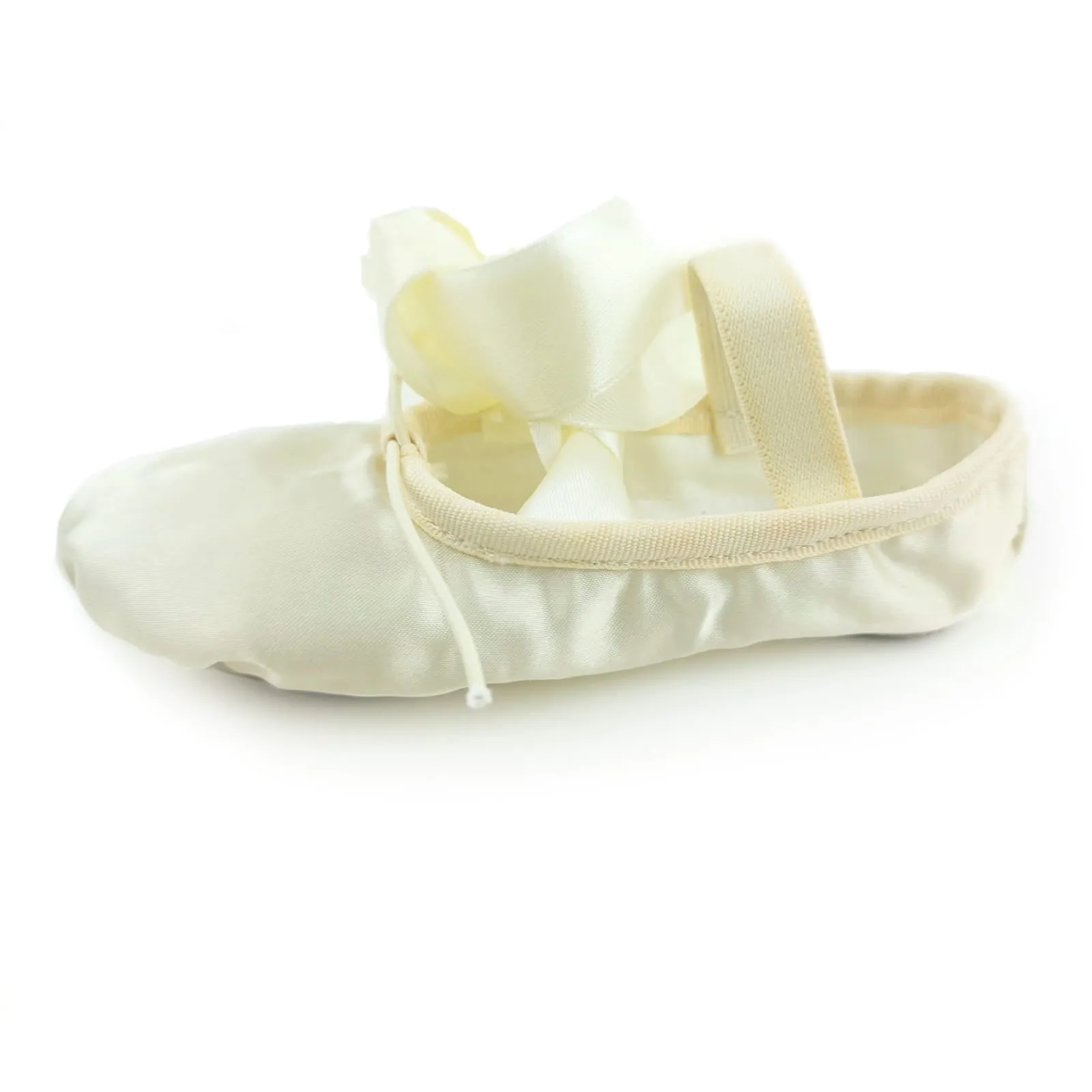 Ballet Shoes for girls with Ribbons, Off white Silky Satin with Leather Split Sole