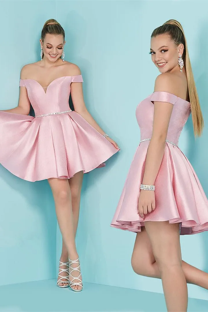 Beaded Waist Off the Shoulder Pink Homecoming Dresses,Cocktail Dresses Parties