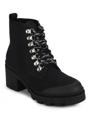 Black Canvas Lace-up Block Heel Ankle Boots