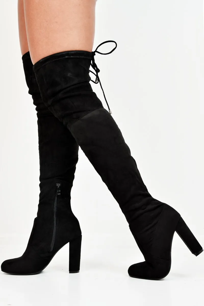 Black Faux Suede Block Heel Over The Knee Boots - Aluna