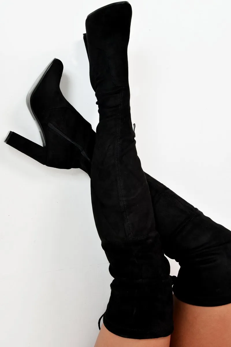 Black Faux Suede Block Heel Over The Knee Boots - Aluna