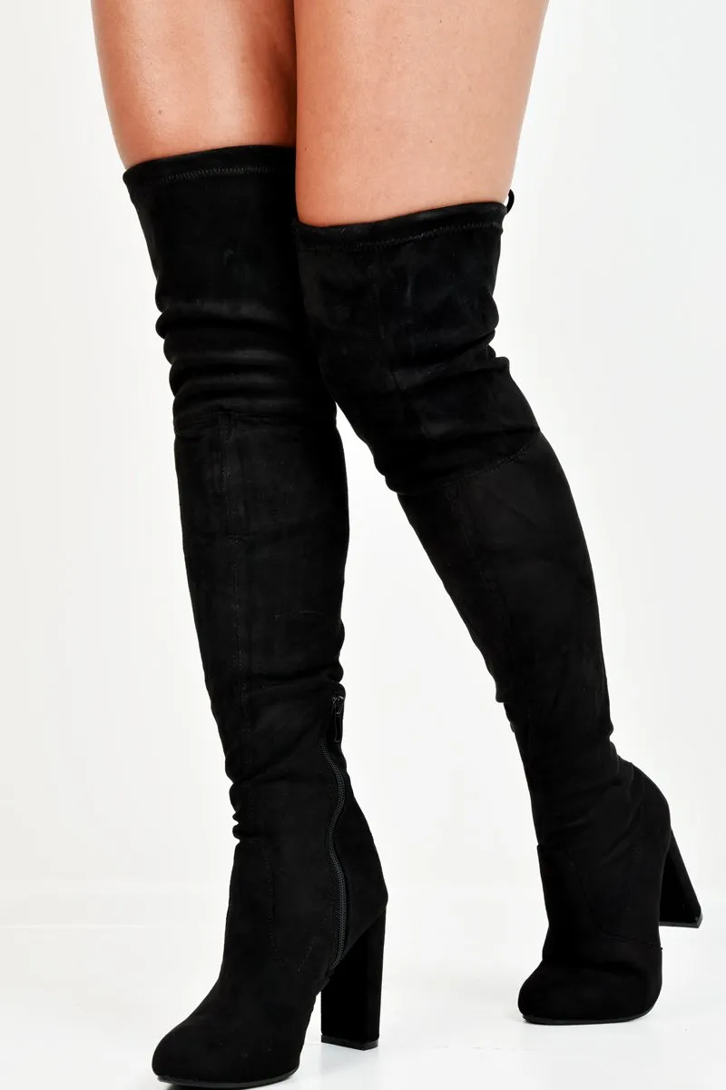 Black Faux Suede Block Heel Over The Knee Boots - Aluna