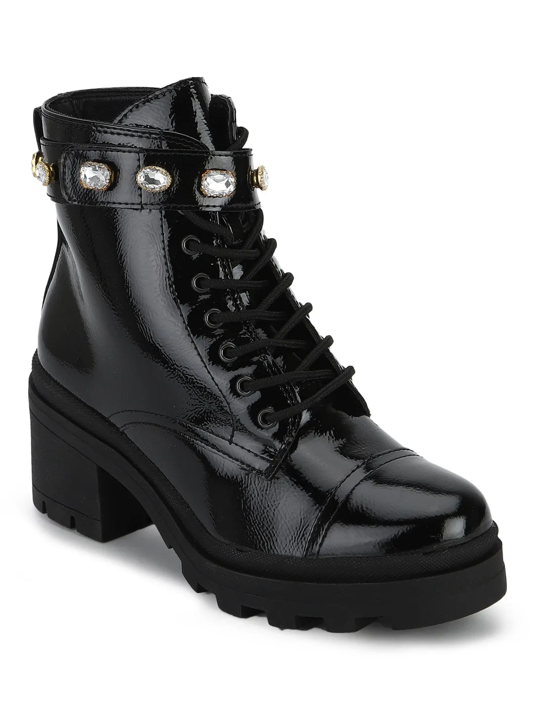 Black Pat Stud Belt Lace-up Low Block Heel Ankle Boots