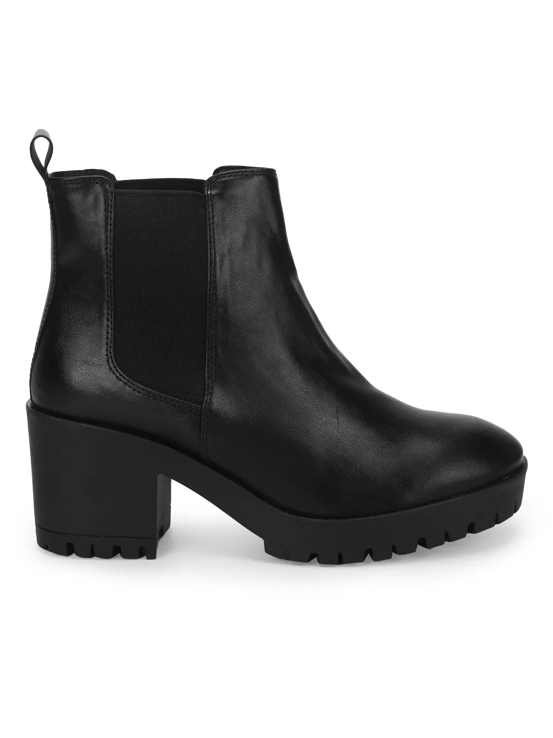 Black PU Block Heel Slip On Ankle Boots (TC-ST-1201-BLKPU)