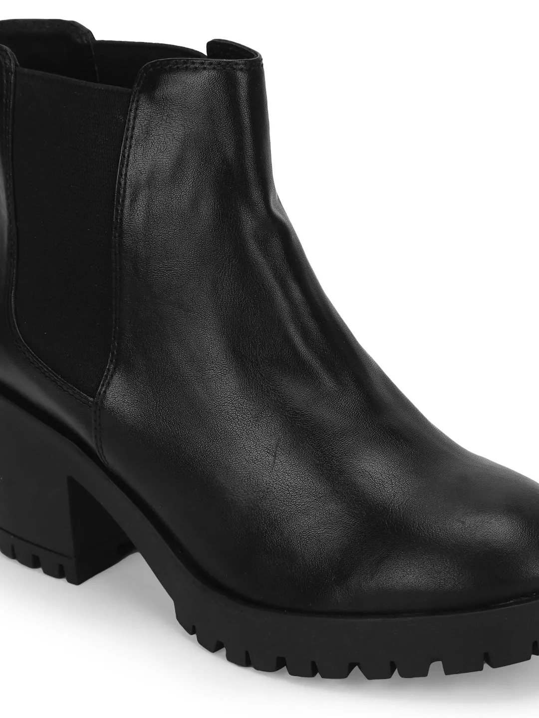 Black PU Block Heel Slip On Ankle Boots (TC-ST-1201-BLKPU)