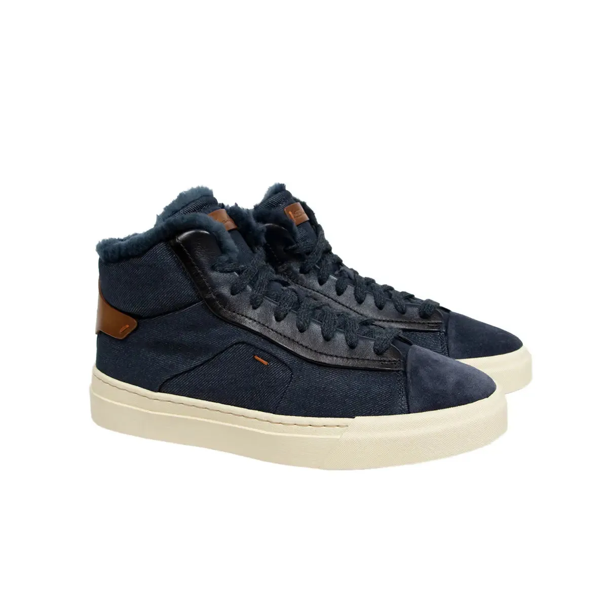 Blue Denim-Effect Fabric and Leather Sneaker