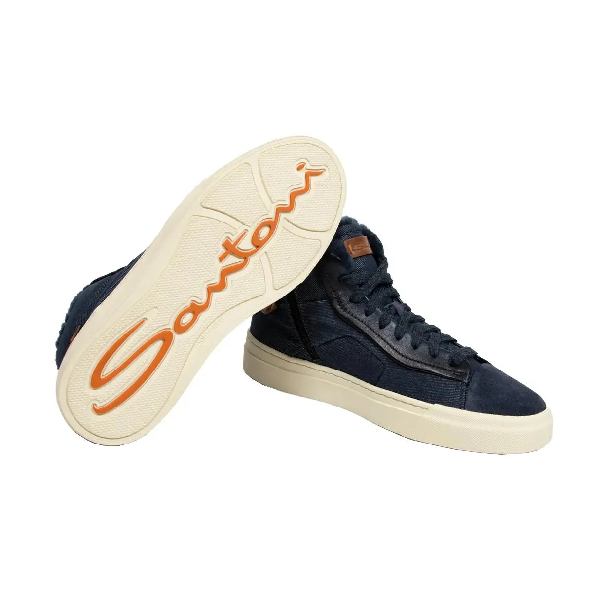 Blue Denim-Effect Fabric and Leather Sneaker