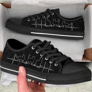 Cat Lover Heartbeat Vintage Black Low Top Canvas Shoes, Cat Canvas Shoes