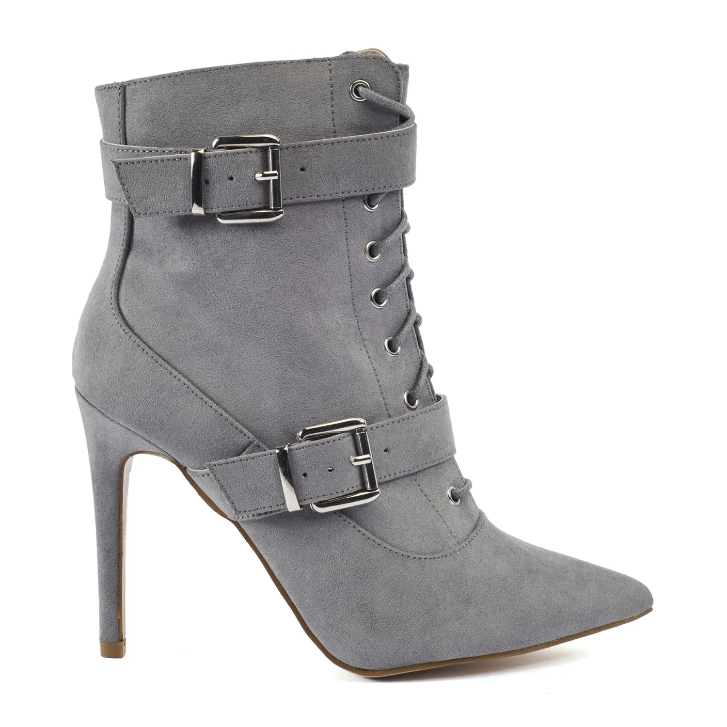 Dove Grey Buckle Detail Lace Up Ankle Boots