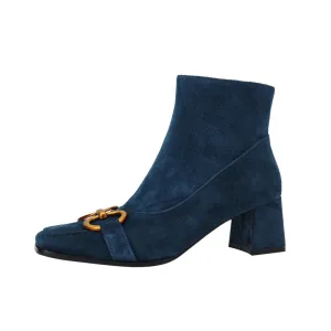 Elaine Suede Leather Chunky Heel Ankle Boots with Chain