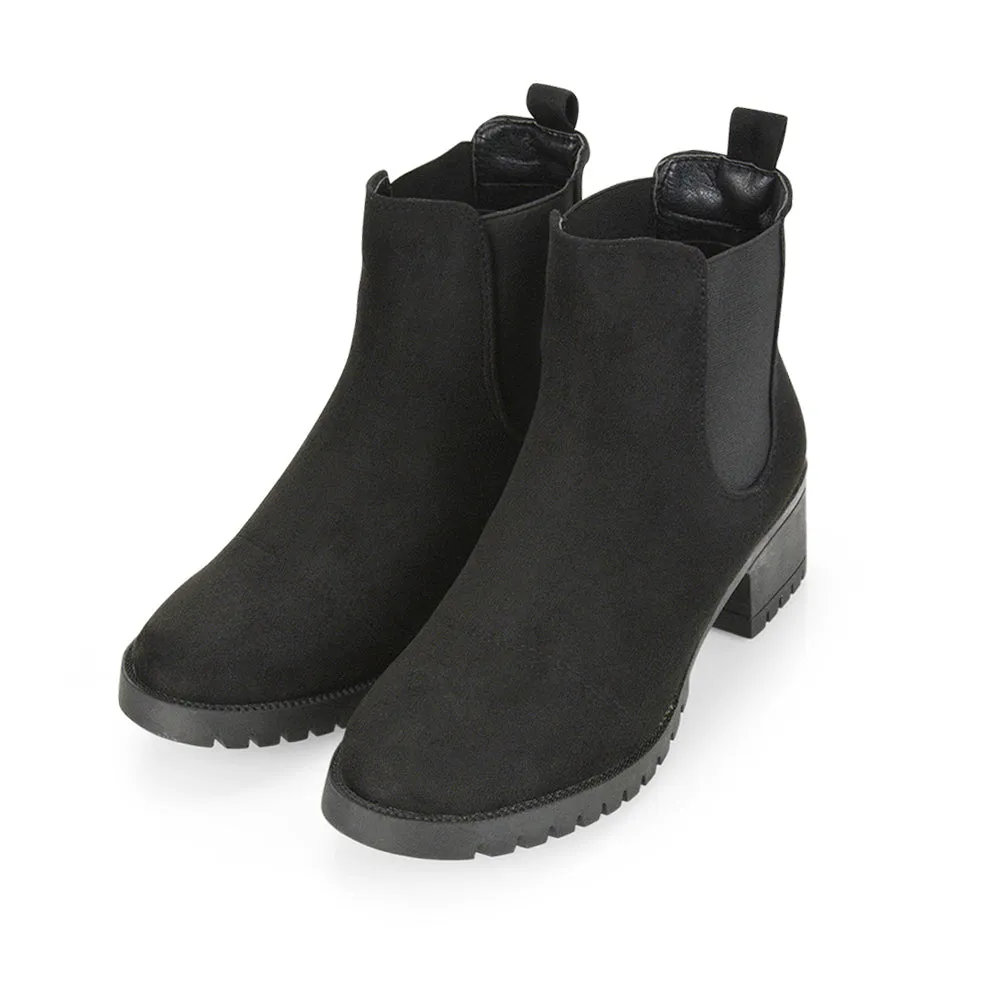 Elsie Chunky Sole Slip on Mid-Blocked Heeled Ankle Chelsea Boots in Black Croc