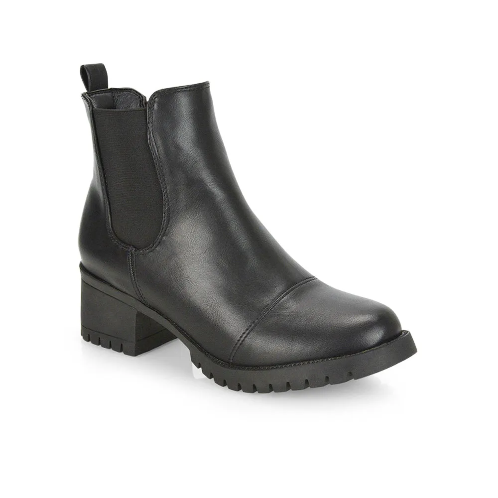 Elsie Chunky Sole Slip on Mid-Blocked Heeled Ankle Chelsea Boots in Black Croc