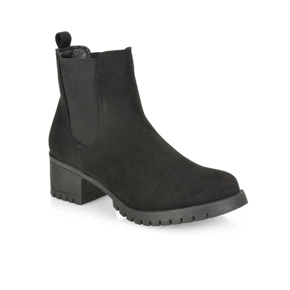 Elsie Chunky Sole Slip on Mid-Blocked Heeled Ankle Chelsea Boots in Black Croc