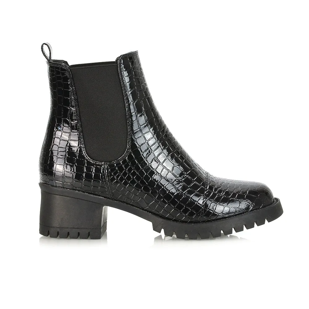 Elsie Chunky Sole Slip on Mid-Blocked Heeled Ankle Chelsea Boots in Black Croc