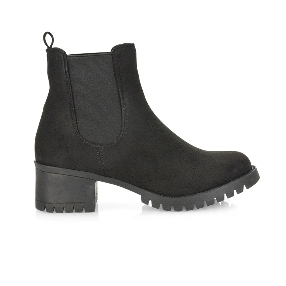 Elsie Chunky Sole Slip on Mid-Blocked Heeled Ankle Chelsea Boots in Black Croc