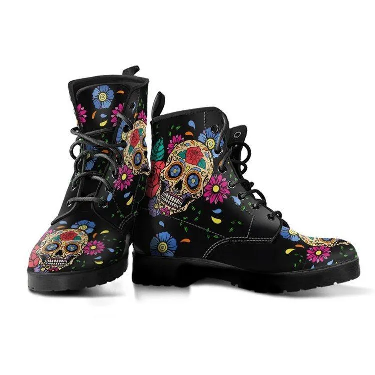 Flower skull short printed lace up womens fashion boots