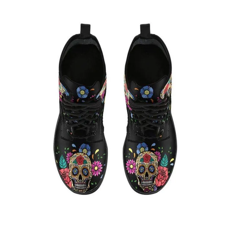 Flower skull short printed lace up womens fashion boots