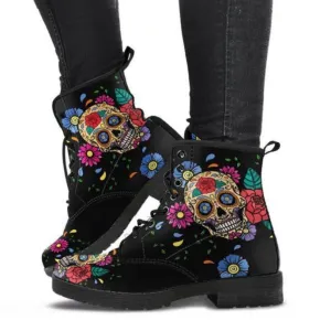 Flower skull short printed lace up womens fashion boots