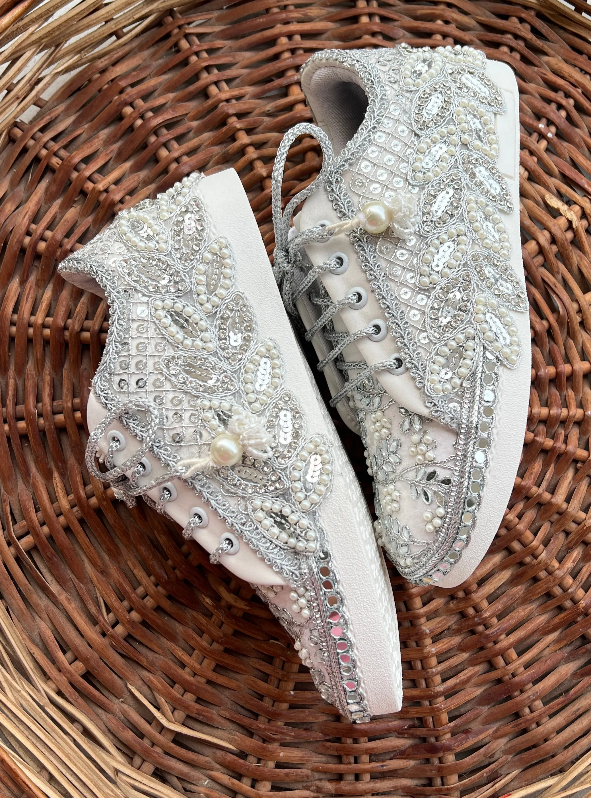 FUNKY N TRENDY hand work bridal sneakers / bridesmaid sneakers/ silver sneakers / silver shoes/mirror sneakers mirror shoes/ bride shoes/ embroidered shoes