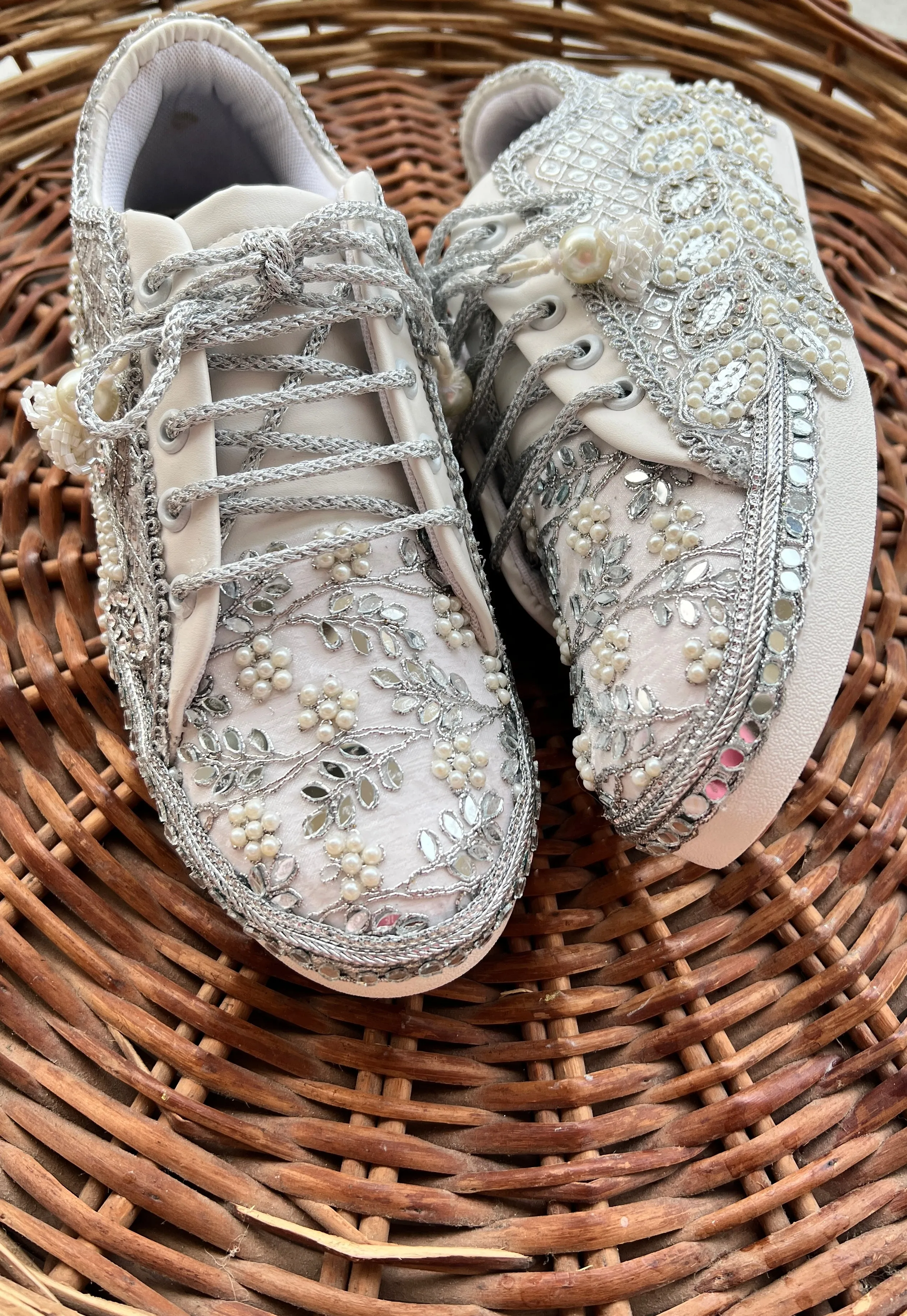 FUNKY N TRENDY hand work bridal sneakers / bridesmaid sneakers/ silver sneakers / silver shoes/mirror sneakers mirror shoes/ bride shoes/ embroidered shoes