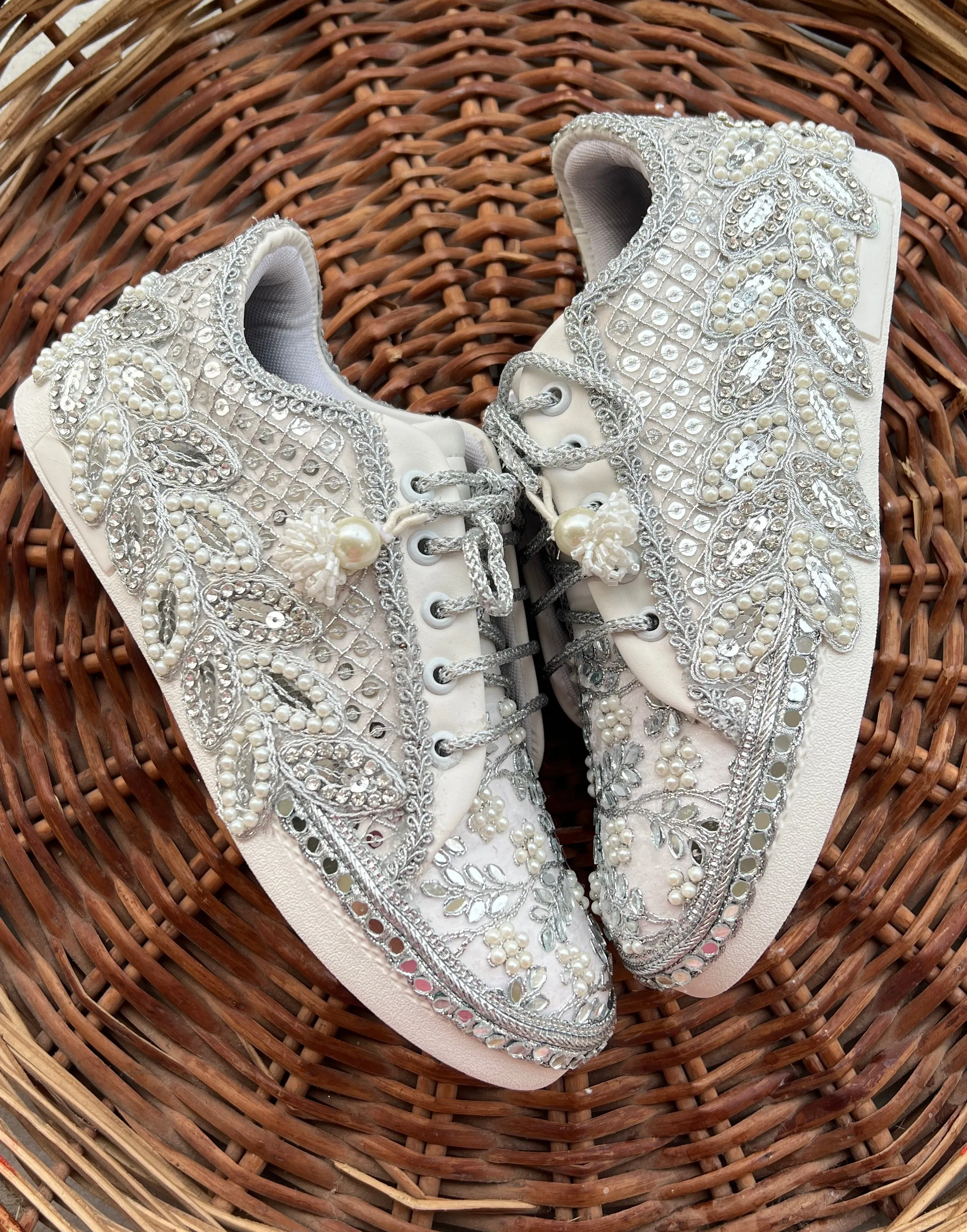 FUNKY N TRENDY hand work bridal sneakers / bridesmaid sneakers/ silver sneakers / silver shoes/mirror sneakers mirror shoes/ bride shoes/ embroidered shoes