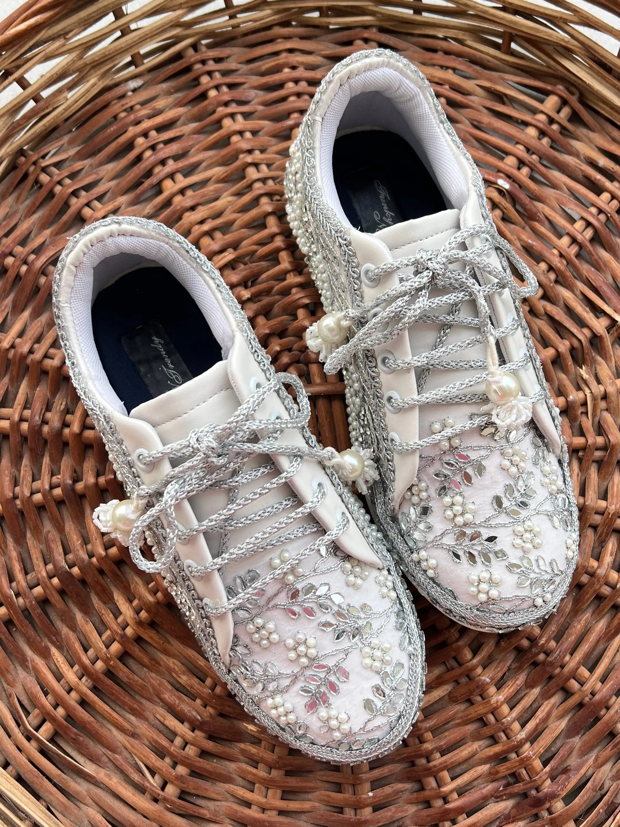 FUNKY N TRENDY hand work bridal sneakers / bridesmaid sneakers/ silver sneakers / silver shoes/mirror sneakers mirror shoes/ bride shoes/ embroidered shoes