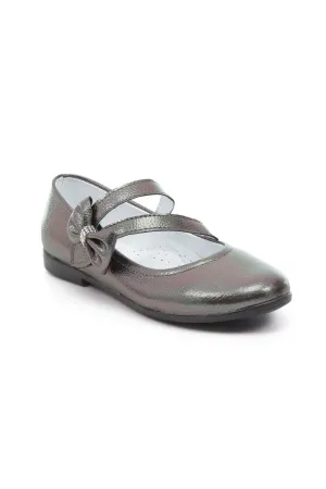 Girls Mary Jane Bow Flat Dress Shoes -MAYA - Metallic Silver