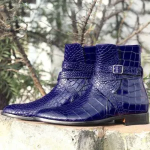 Goodyear Welted Blue Crocodile Print Leather Monk Strap Formal Ankle Men Boots