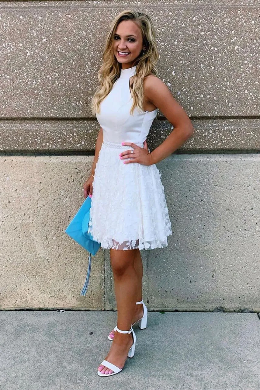 Halter Lace Appliques White Cocktail Dresses