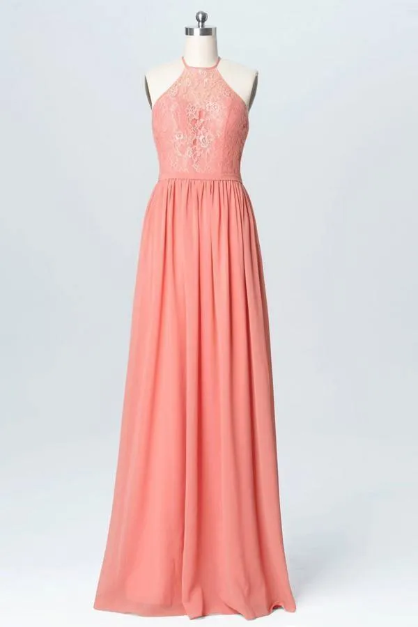 Halter Lace Long Chiffon Peach Bridesmaid Dresses  BD060