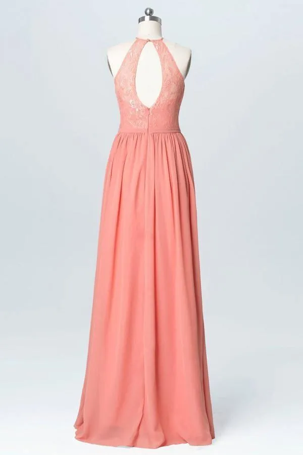 Halter Lace Long Chiffon Peach Bridesmaid Dresses  BD060