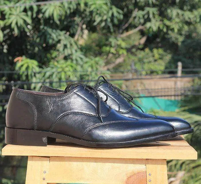 Handmade Black Wing tip Leather Shoe For Men's