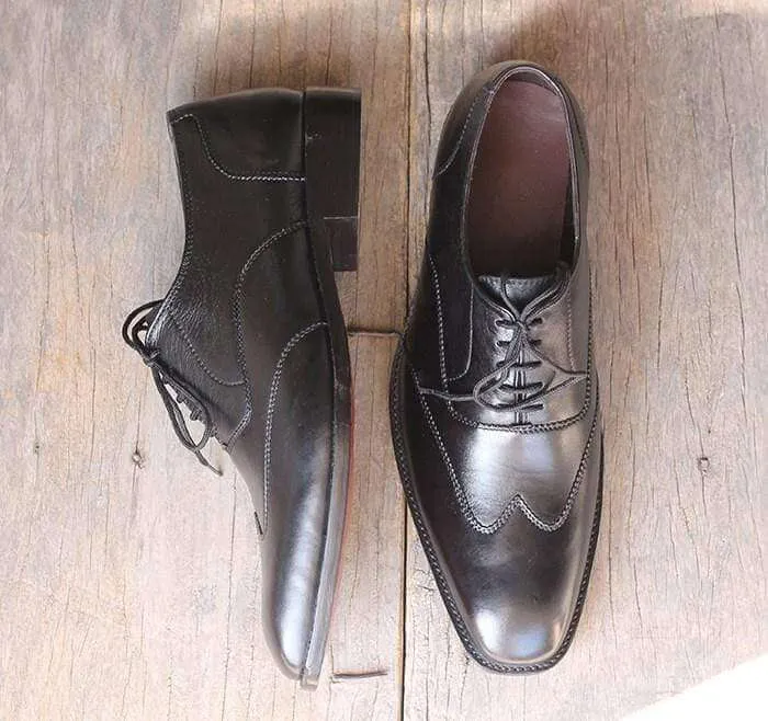 Handmade Black Wing tip Leather Shoe For Men's