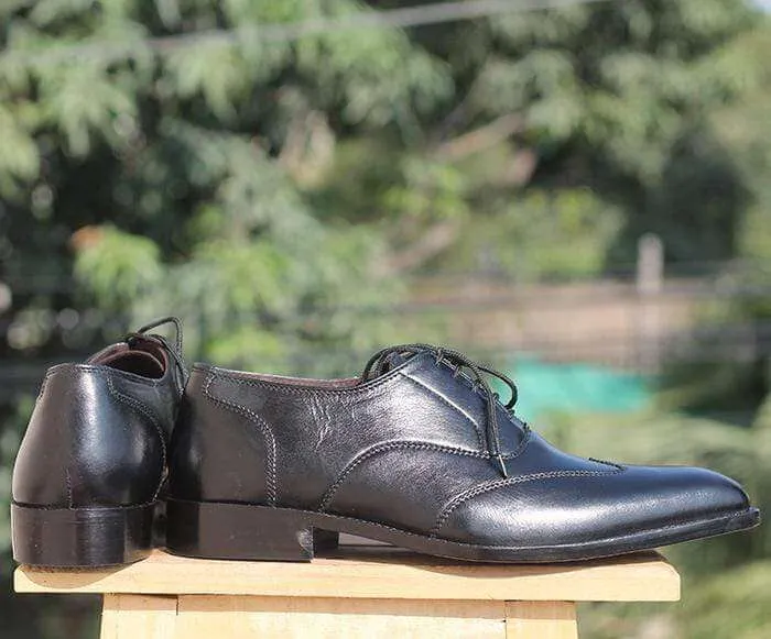 Handmade Black Wing tip Leather Shoe For Men's