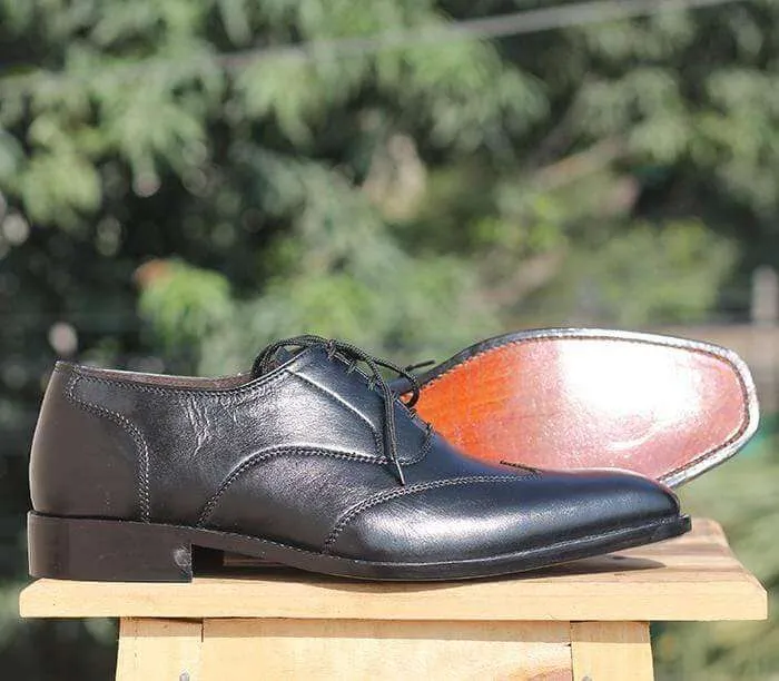 Handmade Black Wing tip Leather Shoe For Men's