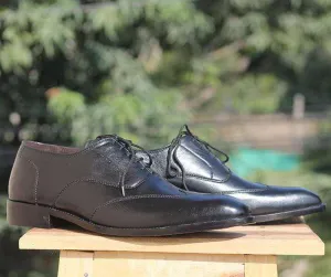 Handmade Black Wing tip Leather Shoe For Men's