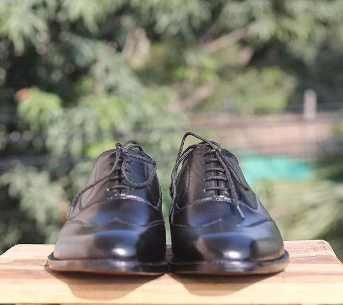 Handmade Black Wing tip Leather Shoe For Men's