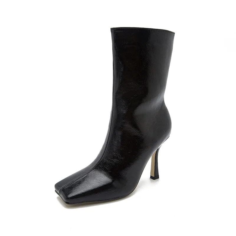 High Heel Square Toe Ankle Boots with Side Zippers