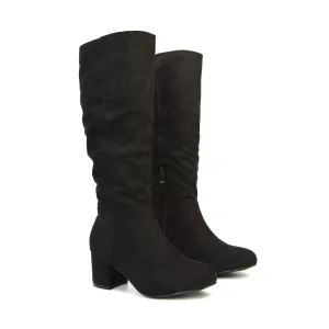 Jackie Ruched Mid Block High Heel Mid Calf High Boots in Black Faux Suede