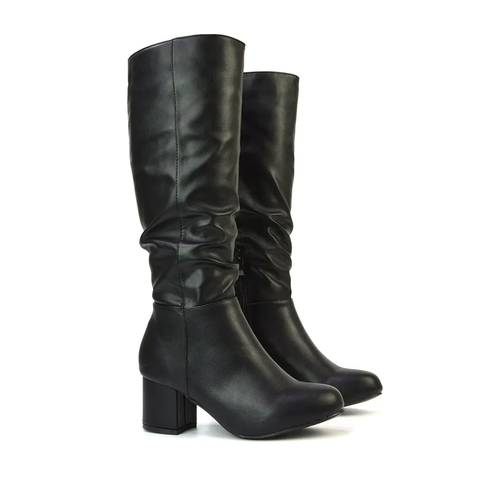 Jackie Ruched Mid Block High Heel Mid Calf High Boots in Black Faux Suede