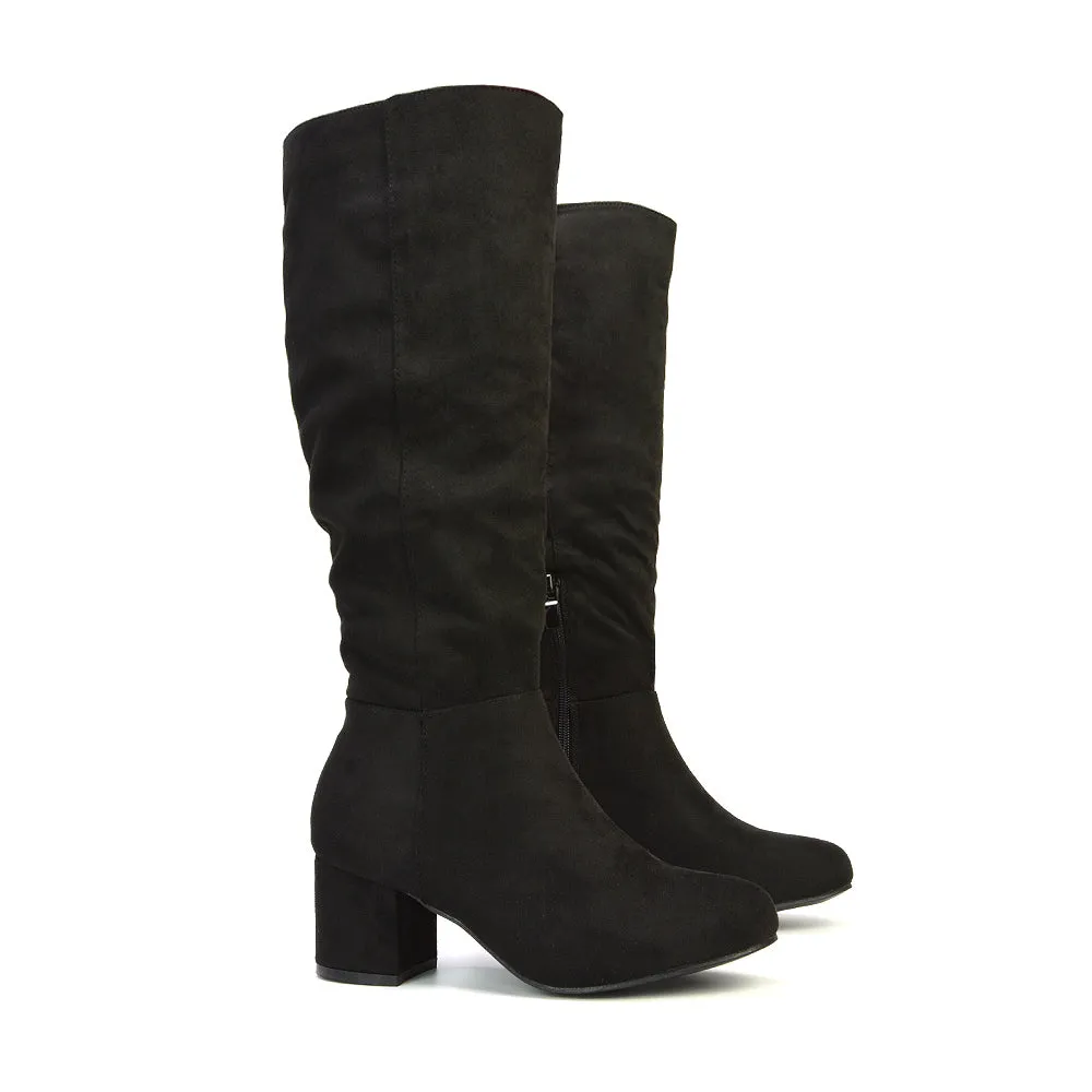 Jackie Ruched Mid Block High Heel Mid Calf High Boots in Black Faux Suede