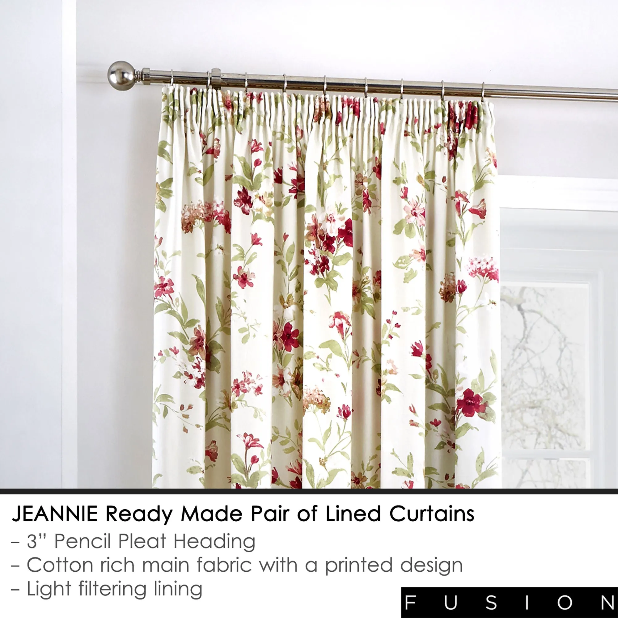 Jeannie Pair of Pencil Pleat Curtains by Fusion in Red