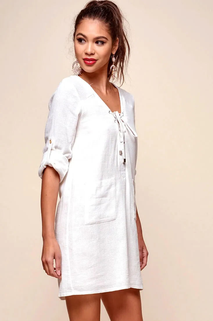 Katie Lace-Up Front Casual Dress White