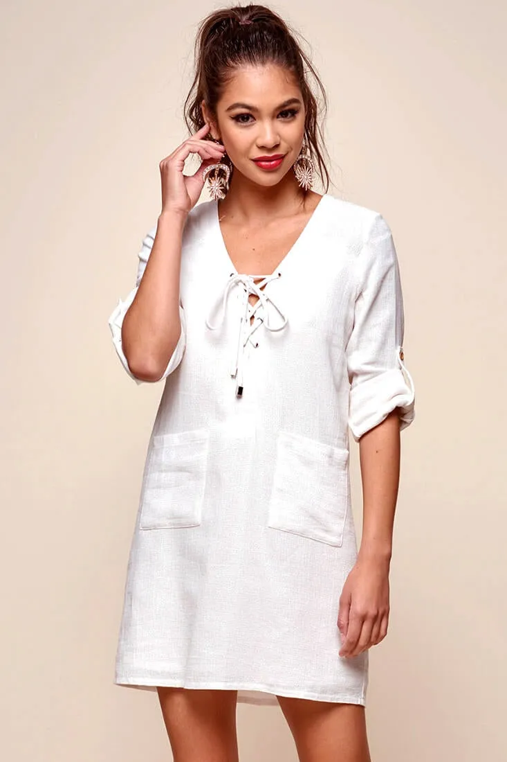 Katie Lace-Up Front Casual Dress White