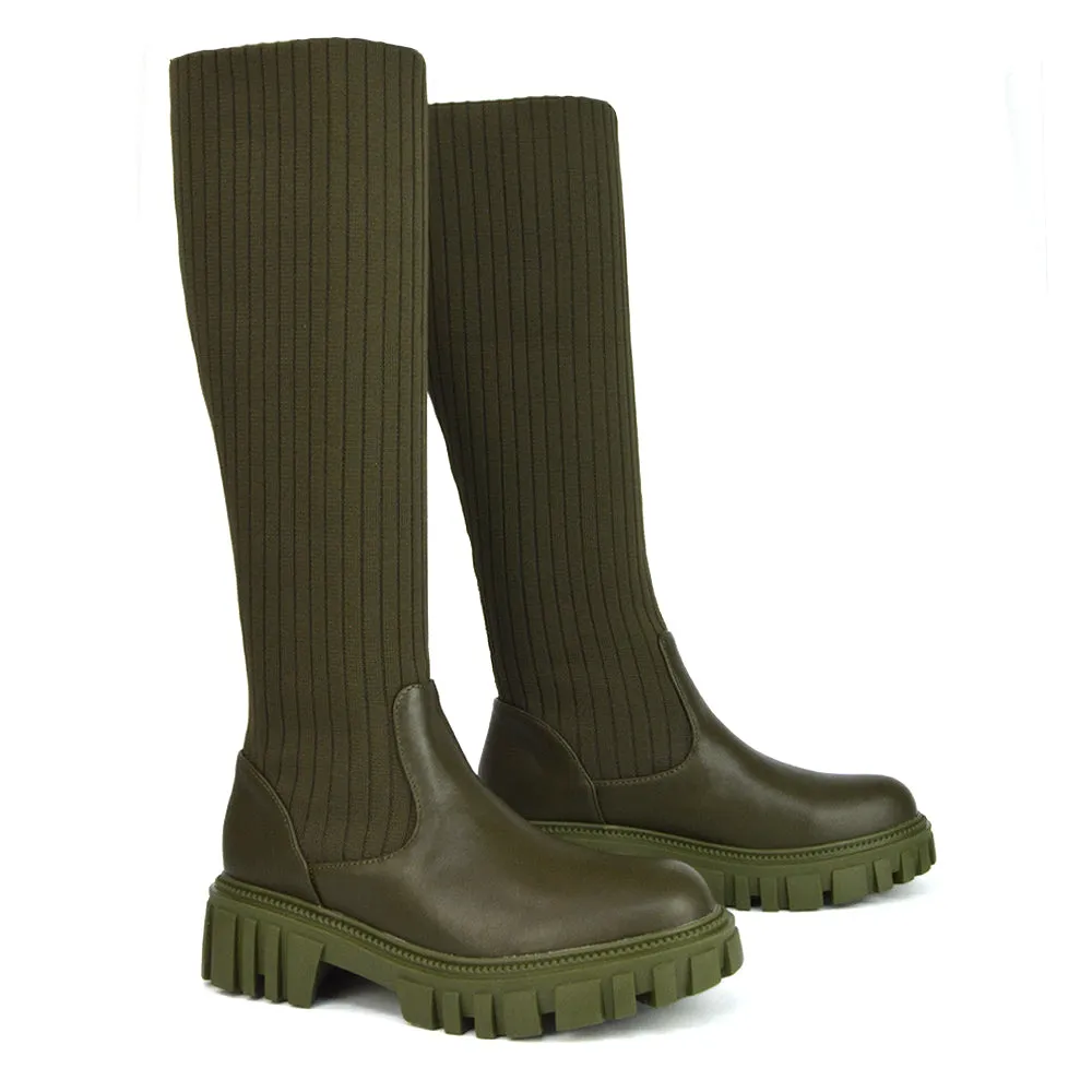 Kirsty Knitted Sock Knee High Boots with Chunky Sole in Khaki Synthetic Leather