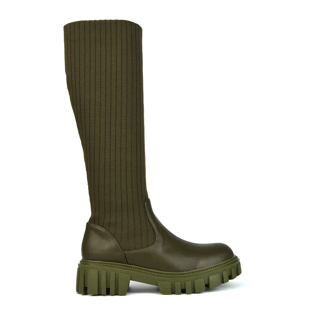 Kirsty Knitted Sock Knee High Boots with Chunky Sole in Khaki Synthetic Leather